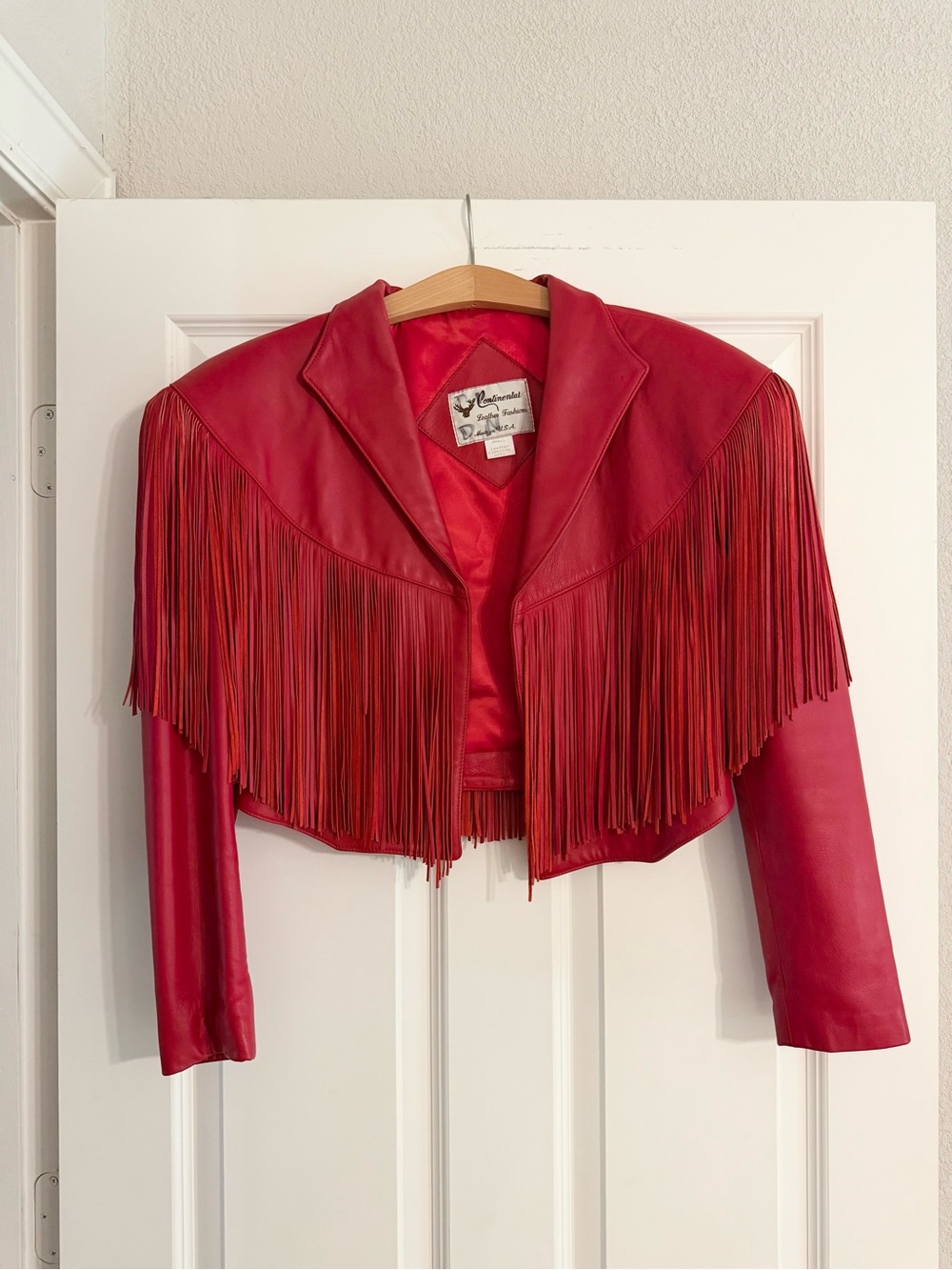 Continental Leather Fashions Red Leather Cropped Fringed Jacket Size Small